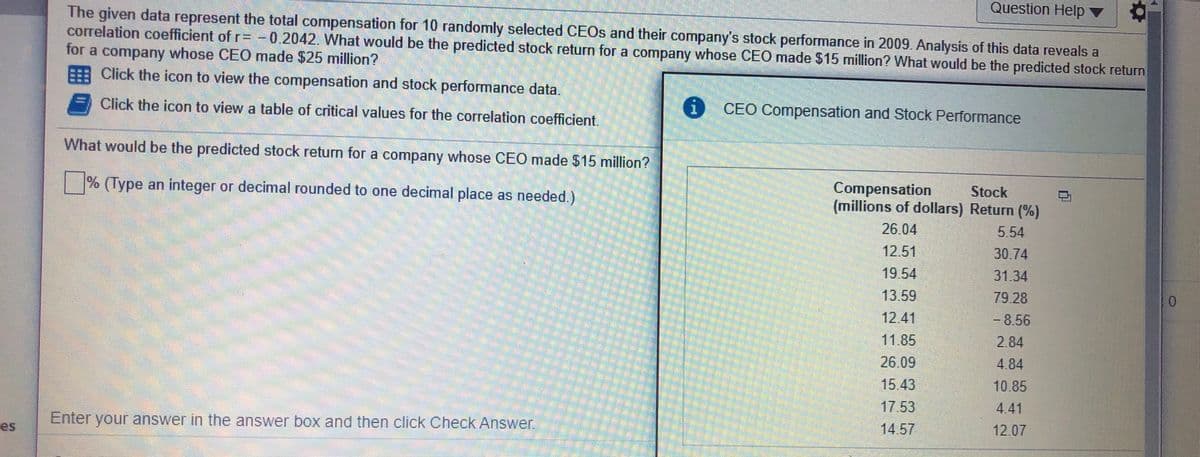 Question Help ▼
The given data represent the total compensation for 10 randomly selected CEOS and their company's stock performance in 2009. Analysis of this data reveals a
correlation coefficient of r= -0.2042. What would be the predicted stock return for a company whose CEO made $15 million? What would be the predicted stock return
for a company whose CE0 made $25 million?
EER Click the icon to view the compensation and stock performance data.
i CEO Compensation and Stock Performance
E Click the icon to view a table of critical values for the correlation coefficient.
What would be the predicted stock return for a company whose CEO made $15 million?
Compensation
(millions of dollars) Return (%)
26.04
Stock
(Type an integer or decimal rounded to one decimal place as needed.)
5.54
12.51
30.74
19 54
31.34
13.59
79.28
12.41
11.85
-8.56
2.84
26.09
4.84
15.43
10.85
17.53
4.41
14.57
12.07
Enter your answer in the answer box and then click Check Answer,
es
