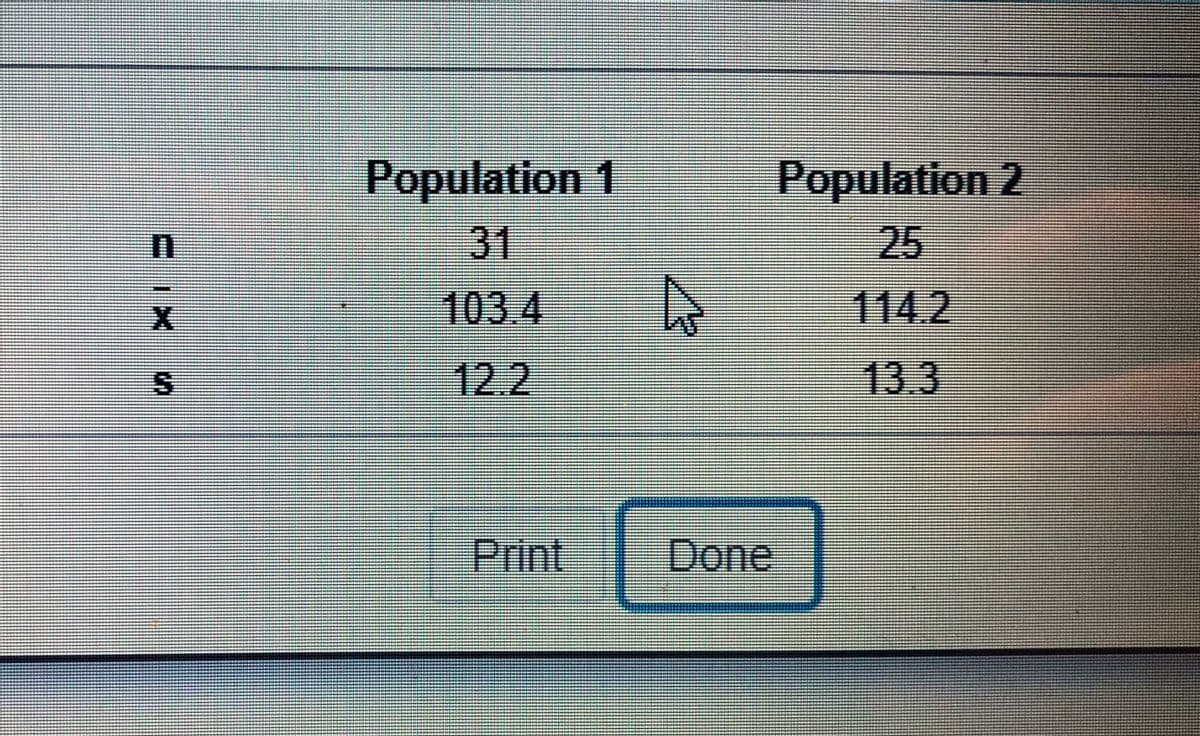 Population 1
Population 2
31
25
103 4
114.2
S.
12.2
13.3
Print
Done
ニIX
