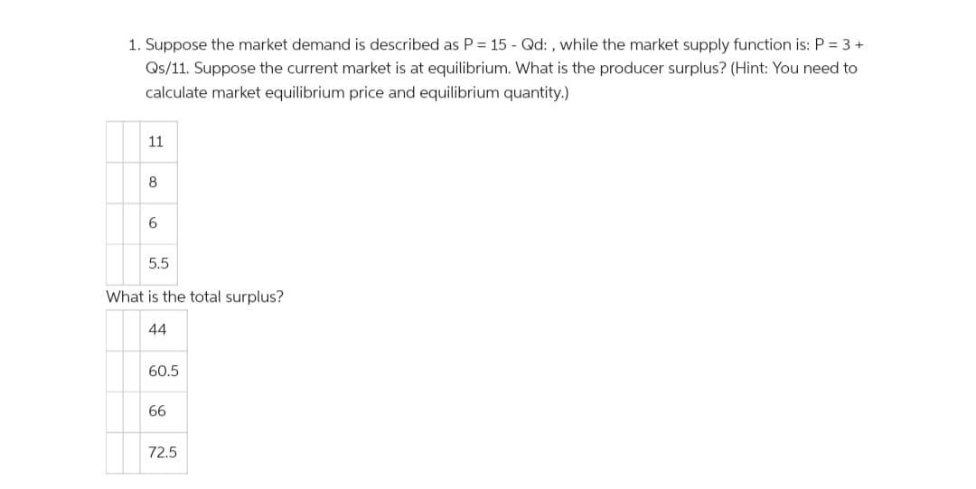 1. Suppose the market demand is described as P = 15 - Qd: , while the market supply function is: P = 3 +
Qs/11. Suppose the current market is at equilibrium. What is the producer surplus? (Hint: You need to
calculate market equilibrium price and equilibrium quantity.)
11
8
6.
5.5
What is the total surplus?
44
60.5
66
72.5
