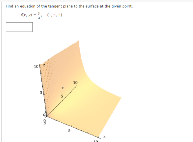 Find an equation of the tangent plane to the surface at the given point.
f(x, y) = L, (1, 4, 4)
10
10
5
5
10
