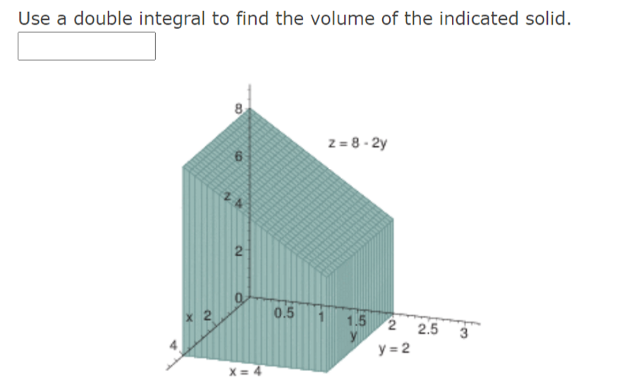 Use a double integral to find the volume of the indicated solid.
8
z = 8 - 2y
0.5
1.5
2.5
3
y = 2
X= 4
2.
2.
2.
