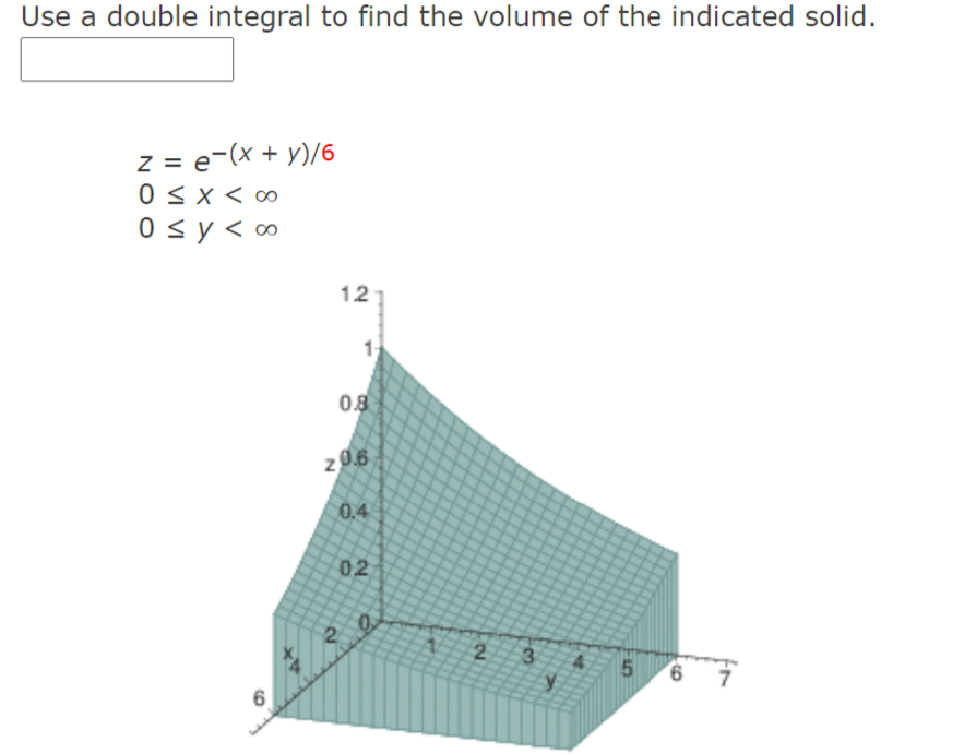 Use a double integral to find the volume of the indicated solid.
z = e-(x + y)/6
0< x < ∞
0 sy<∞
12
0.8
z0.6
0.4
02
2.
3
4
6
y.
2.
