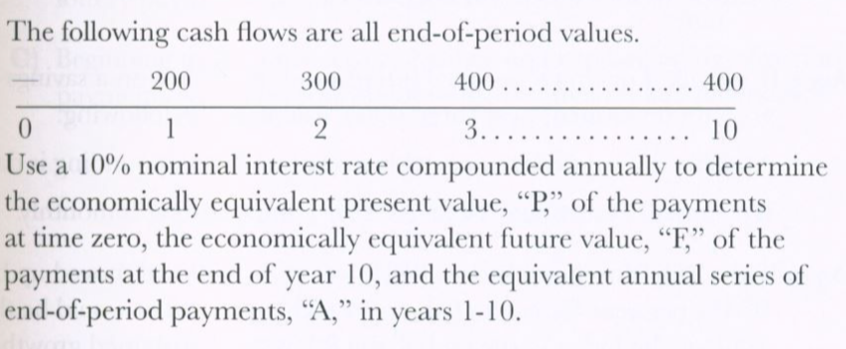 The following cash flows are all end-of-period values.
.. 400
200
400 ..
300
2
3.....
10
Use a 10% nominal interest rate compounded annually to determine
the economically equivalent present value, “P," of the payments
at time zero, the economically equivalent future value, "F," of the
payments at the end of year 10, and the equivalent annual series of
end-of-period payments, "A," in years 1-10.

