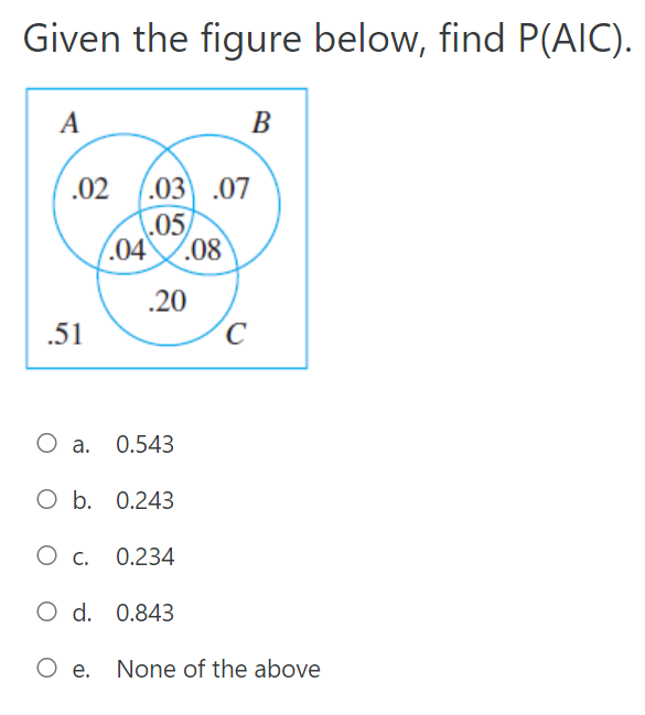 Given the figure below, find P(AIC).
A
В
.02 (.03 .07
L05
7.04.08
.20
.51
O a. 0.543
O b. 0.243
О с.
0.234
O d. 0.843
O e. None of the above
