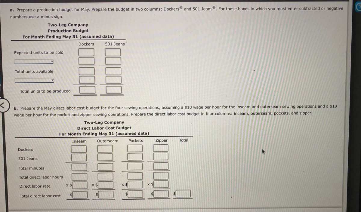 a. Prepare a production budget for May. Prepare the budget in two columns: Dockers® and 501 Jeans®. For those boxes in which you must enter subtracted or negative
numbers use a minus sign.
Two-Leg Company
Production Budget
For Month Ending May 31 (assumed data)
Dockers
501 Jeans
Expected units to be sold
Total units available
Total units to be produced
b. Prepare the May direct labor cost budget for the four sewing operations, assuming a $10 wage per hour for the inseam and outerseam sewing operations and a $19
wage per hour for the pocket and zipper sewing operations. Prepare the direct labor cost budget in four columns: inseam, outerseam, pockets, and zipper.
Two-Leg Company
Direct Labor Cost Budget
For Month Ending May 31 (assumed data)
Inseam
Outerseam
Pockets
Zipper
Total
Dockers
501 Jeans
Total minutes
Total direct labor hours
Direct labor rate
x2$
Total direct labor cost
