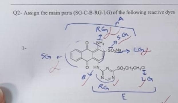 Q2- Assign the main parts (SG-C-B-RG-LG) of the following reactive dyes
A
1-
SGe
OHN
SG
50,Na Loy
RG
SO₂CH₂CH₂Cl
E
I
G
प्रब