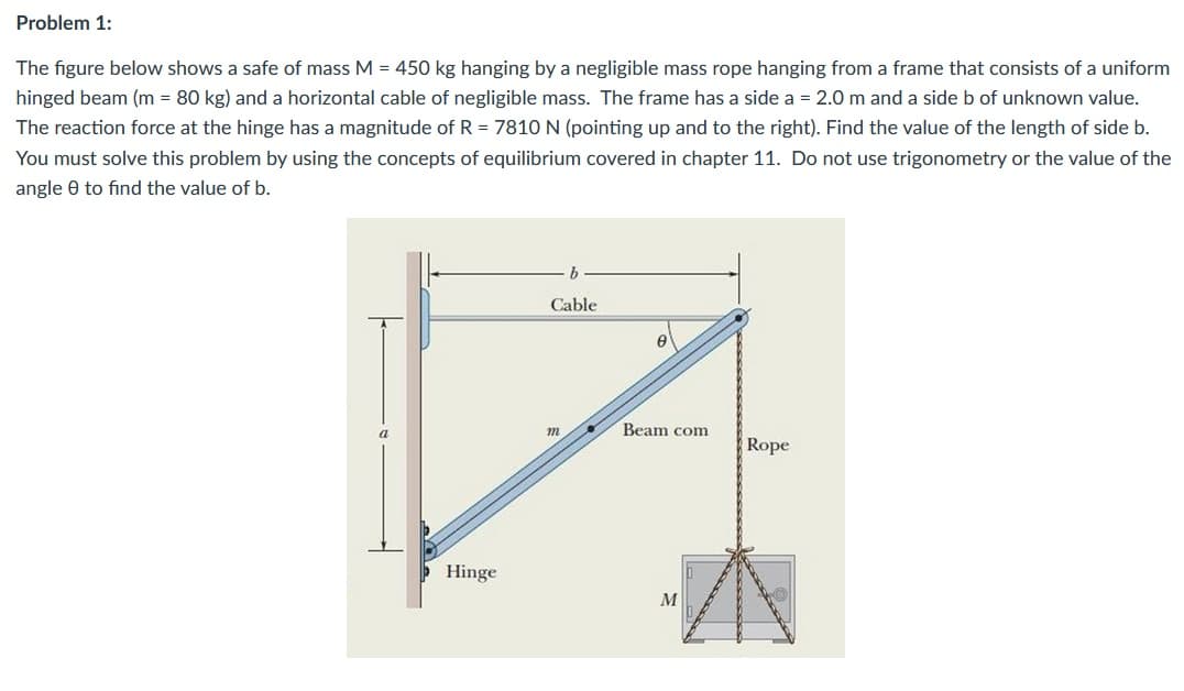 Problem 1:
The figure below shows a safe of mass M = 450 kg hanging by a negligible mass rope hanging from a frame that consists of a uniform
hinged beam (m = 80 kg) and a horizontal cable of negligible mass. The frame has a side a = 2.0 m and a side b of unknown value.
The reaction force at the hinge has a magnitude of R = 7810 N (pointing up and to the right). Find the value of the length of side b.
You must solve this problem by using the concepts of equilibrium covered in chapter 11. Do not use trigonometry or the value of the
angle 0 to find the value of b.
b
Cable
Beam com
a
Rope
Hinge
M
