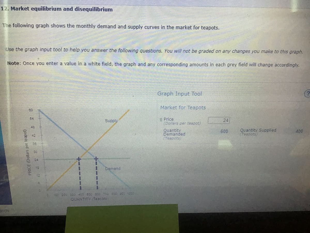 12. Market equilibrium and disequilibrium
The following graph shows the monthly demand and supply curves in the market for teapots.
Use the graph input tool to help you answer the following questions. You will not be graded on any changes you make to this graph.
Note: Once you enter a value in a white field, the graph and any corresponding amounts in each grey field will change accordingly.
Graph Input Tool
Market for Teapots
54
Supply
IPrice
(Dollars per teapot)
24
Quantity
Demanded
(Teacots)
Quantity Supplied
(Teapots)
600
400
42
38
30
オ
4.
Demend
QUANTITY Teapots
arch
PRICE (Dollars per teapot)
