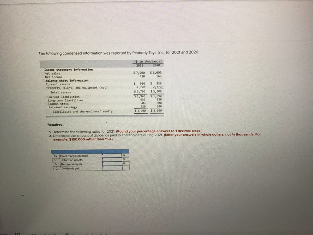 The following condensed information was reported by Peabody Toys, Inc., for 2021 and 2020:
($ in thousands)
2021
2020
Income statement information
Net sales
$7,000 $6,000
420
Net income
160
Balance sheet information
Current assets
Property, plant, and equipment (net)
Total assets
$ 980
2,720
2,370
$ 3, 700
$ 3, 300
$1,940 $1,590
930
Current liabilities
Long-term liabilities
Common stock
930
500
330
930
500
280
Retained earnings
Liabilities and shareholders' equity
$ 3,300
$ 3,700
$
Required:
1. Determine the following ratios for 2021: (Round your percentage answers to 1 decimal place.)
2. Determine the amount of dividends paid to shareholders during 2021. (Enter your answers in whole dollars, not in thousands. For
example, $150,000 rather than 150.)
%
1a. Profit margin on sales
16. Return on assets
1c. Return on equity
2. Dividends paid
