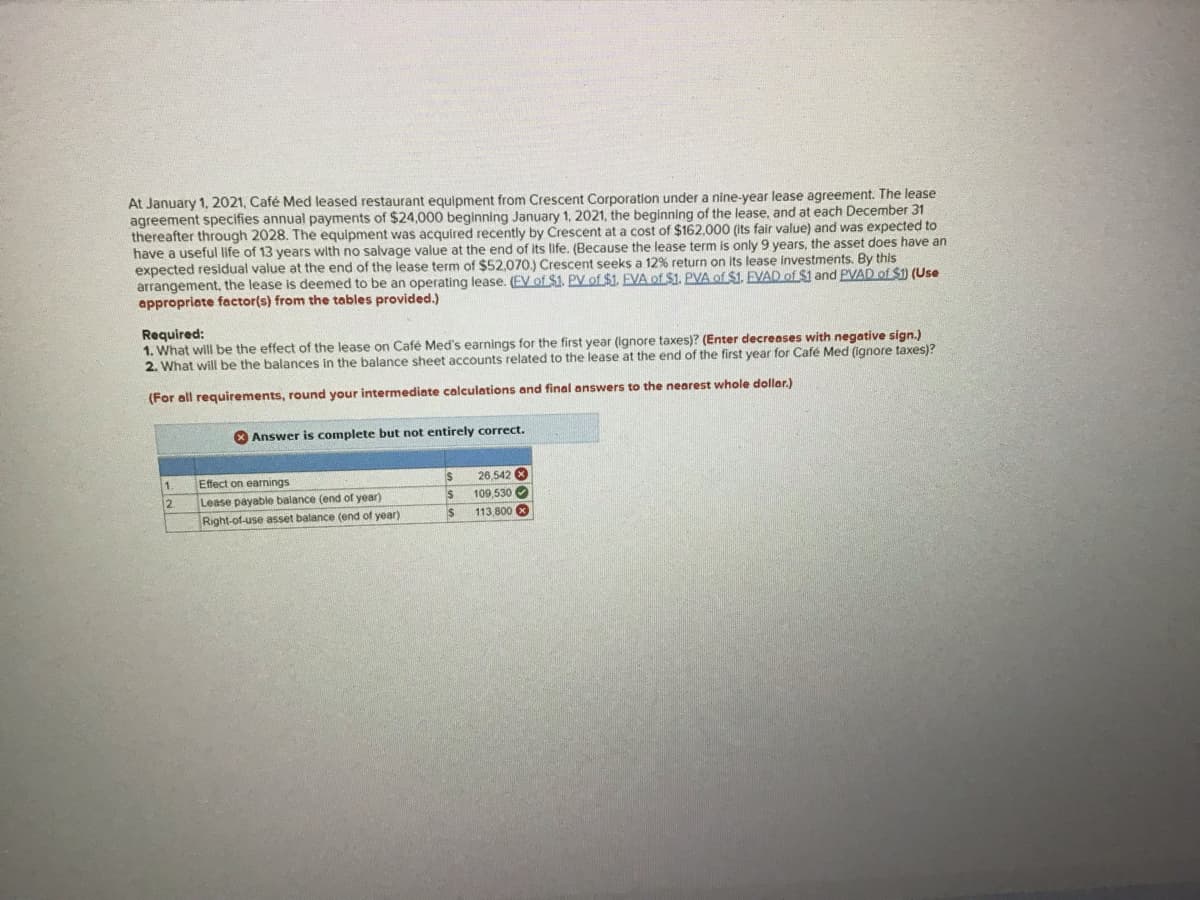 At January 1, 2021, Café Med leased restaurant equipment from Crescent Corporation under a nine-year lease agreement. The lease
agreement specifies annual payments of $24,000 beginning January 1, 2021, the beginning of the lease, and at each December 31
thereafter through 2028. The equipment was acquired recently by Crescent at a cost of $162,000 (its fair value) and was expected to
have a useful life of 13 years with no salvage value at the end of its life. (Because the lease term is only 9 years, the asset does have an
expected residual value at the end of the lease term of $52,070.) Crescent seeks a 12% return on its lease investments. By this
arrangement, the lease is deemed to be an operating lease. (EV of $1. PV of $1. EVA of $1. PVA of $1. EVAD of $1 and PVAD of $1) (Use
appropriate factor(s) from the tables provided.)
Required:
1. What will be the effect of the lease on Café Med's earnings for the first year (ignore taxes)? (Enter decreases with negative sign.)
2. What will be the balances in the balance sheet accounts related to the lease at the end of the first year for Café Med (ignore taxes)?
(For all requirements, round your intermediate calculations and final answers to the nearest whole dollar.)
1
2
Answer is complete but not entirely correct.
Effect on earnings
Lease payable balance (end of year)
Right-of-use asset balance (end of year)
S
$
$
26.542 X
109,530
113,800 x