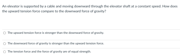 An elevator is supported by a cable and moving downward through the elevator shaft at a constant speed. How does
the upward tension force compare to the downward force of gravity?
O The upward tension force is stronger than the downward force of gravity.
The downward force of gravity is stronger than the upward tension force.
The tension force and the force of gravity are of equal strength.
