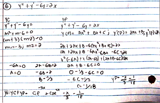 y" +y'-6y=2x
YC
y"+y'- 6y=ax
m²4 m-6=0
kmt3)(ma)-o
mi=-3; m2=a
-GA=0
ト-66-3
A=0
0-タ-6C =0
- 6 C =Y3
-66 -a
-3x.
iyctyp. ge +cae
