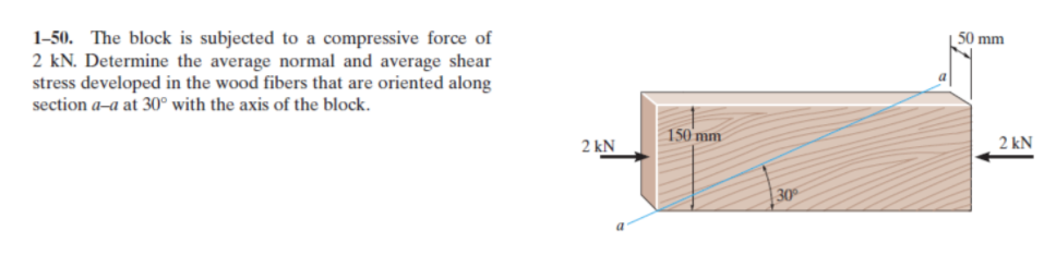 1-50. The block is subjected to a compressive force of
2 kN. Determine the average normal and average shear
stress developed in the wood fibers that are oriented along
50 mm
section a–a at 30° with the axis of the block.
150 mm
2 kN
2 kN
30
