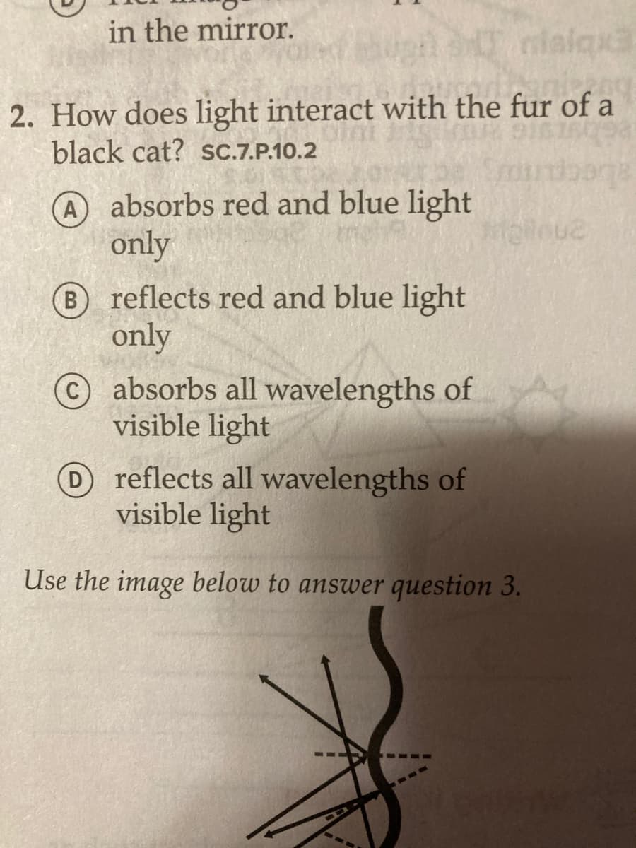in the mirror.
nlalaxa
2. How does light interact with the fur of a
black cat? sC.7.P.10.2
A absorbs red and blue light
only
B reflects red and blue light
only
absorbs all wavelengths of
visible light
D reflects all wavelengths of
visible light
Use the image below to answer question 3.
