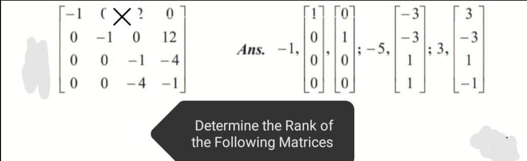 [-1 (X?
0 -1
-3
3
12
- 3
-3
Ans. -1,
;-5,
; 3,
-1 -4
- 4
-1
Determine the Rank of
the Following Matrices
