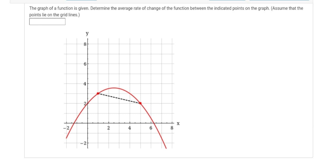 The graph of a function is given. Determine the average rate of change of the function between the indicated points on the graph. (Assume that the
points lie on the grid lines.)
y
4
X
-2
4
6.
8
