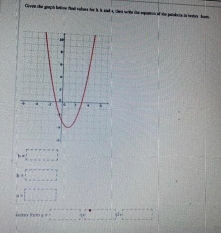 Given the graph below fnd vales for hk and a, then write the equaion of the parabola in vens fom
vertex form y
