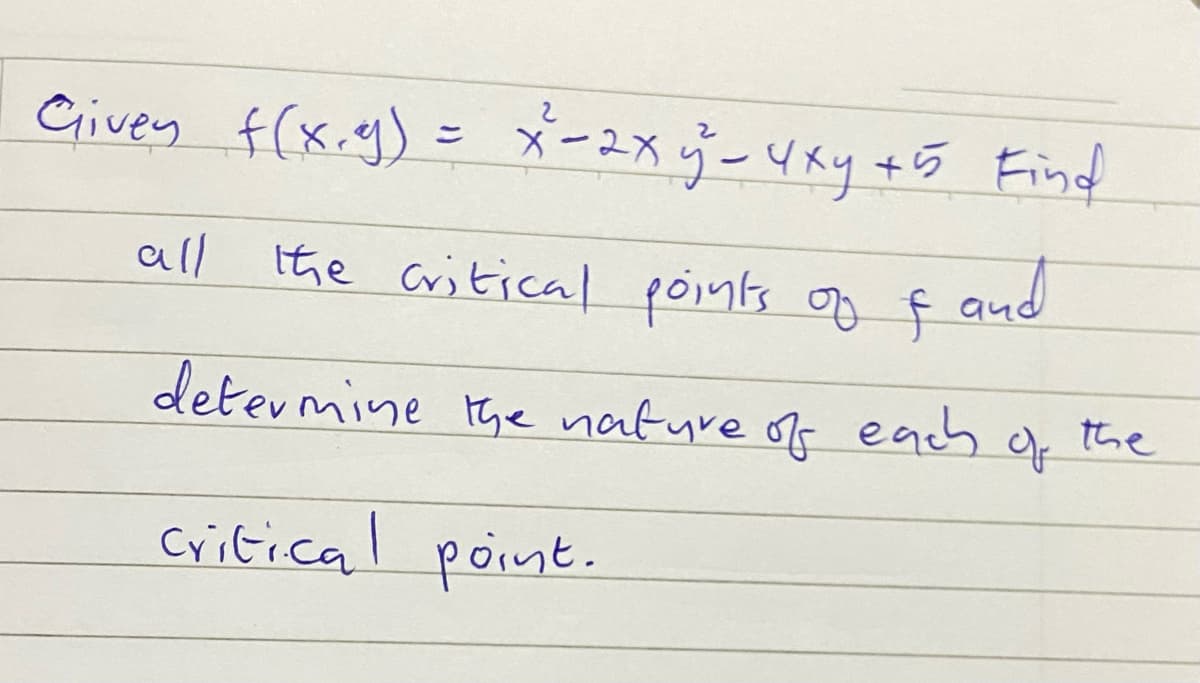 Cives f(x.g) = メー2メターリメy+ラ Find
all
the Critical points oo f
and
detevmine the nature of eachof the
Critical point.

