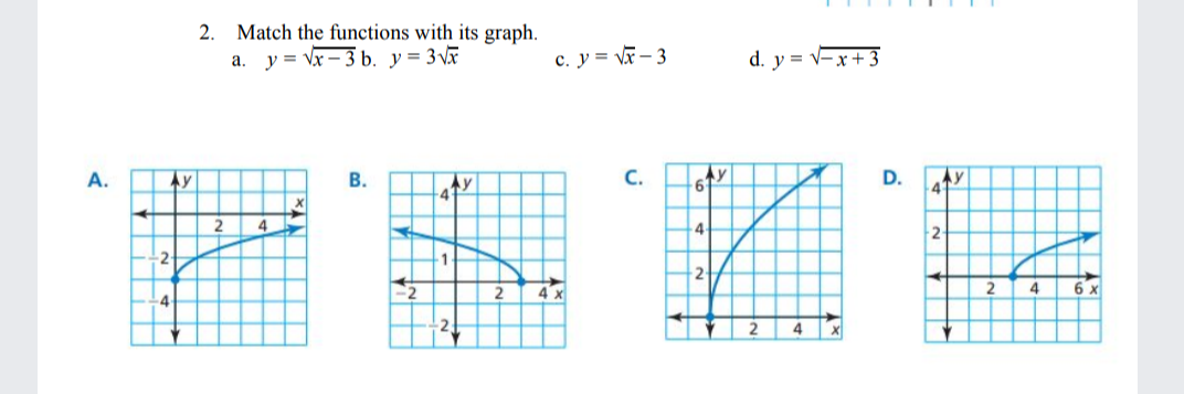 2.
Match the functions with its graph.
a. y = Vx- 3 b. y= 3vã
c. y = V – 3
d. y = v-x+ 3
А.
Ay
В.
y
41
C.
D.
Ay
61
4-
2-
2-
2
4 x
4.
6 x
4-
4

