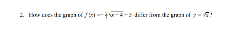 2. How does the graph of f (x) =- ? Vx+ 4 – 3 differ from the graph of y = v?

