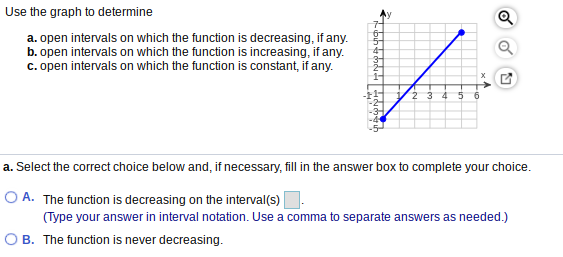 Use the graph to determine
Q
a. open intervals on which the function is decreasing, if any.
b. open intervals on which the function is increasing, if any.
c. open intervals on which the function is constant, if any.
3 4
6.
a. Select the correct choice below and, if necessary, fill in the answer box to complete your choice.
O A. The function is decreasing on the interval(s)
(Type your answer in interval notation. Use a comma to separate answers as needed.)
O B. The function is never decreasing.
