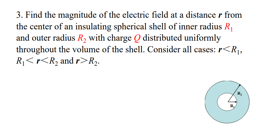 3. Find the magnitude of the electric field at a distance r from
the center of an insulating spherical shell of inner radius R1
and outer radius R2 with charge Q distributed uniformly
throughout the volume of the shell. Consider all cases: r<R¡,
R1<r<R2 and r>R2.
R.
Ry
