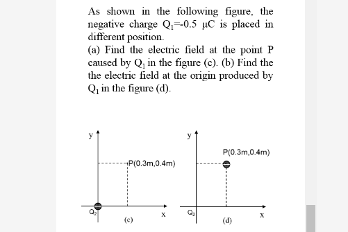 As shown in the following figure, the
negative charge Q=-0.5 µC is placed in
different position.
(a) Find the electrie field at the point P
caused by Q, in the figure (c). (b) Find the
the electric field at the origin produced by
Q, in the figure (d).
P(0.3m,0.4m)
P(0.3m,0.4m)
X
(c)
(d)

