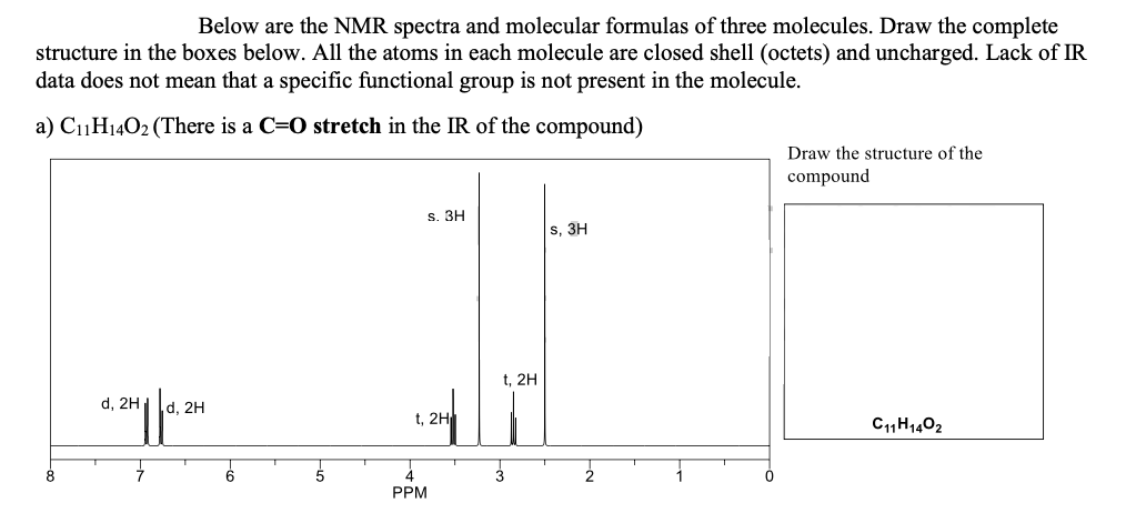 Below are the NMR spectra and molecular formulas of three molecules. Draw the complete
structure in the boxes below. All the atoms in each molecule are closed shell (octets) and uncharged. Lack of IR
data does not mean that a specific functional group is not present in the molecule.
a) C11H1402 (There is a C=0 stretch in the IR of the compound)
Draw the structure of the
compound
S. ЗН
s, 3H
t, 2H
d, 2H
d, 2H
t, 2H
C11H1402
8.
PPM
