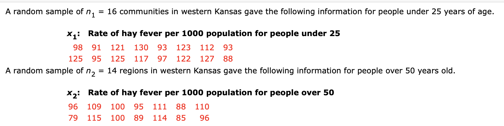 A random sample of n,
= 16 communities in western Kansas gave the following information for people under 25 years of age.
x4: Rate of hay fever per 1000 population for people under 25
98 91 121 130 93 123 112 93
125
95 125 117 97 122 127 88
A random sample of n, = 14 regions in western Kansas gave the following information for people over 50 years old.
x3: Rate of hay fever per 10o00 population for people over 50
96
109
115
88
100 95 111
89
114
85
110
79
96
100
