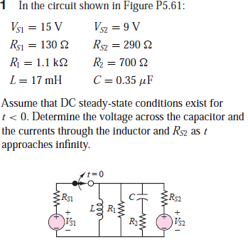 1 In the circuit shown in Figure P5.61:
Vsi = 15 V
Rsi = 130 2
Vsz = 9 V
Rs2 = 290 2
%3D
R = 1.1 k2
R2 = 700 2
%3D
L= 17 mH
C = 0.35 µF
Assume that DC steady-state conditions exist for
t< 0. Determine the voltage across the capacitor and
the currents through the inductor and Rsz as t
approaches infinity.
=0
RSI
Rs1
Rs2
RỊ
R2:
ww
