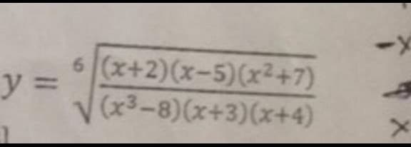 6 (x+2)(x-5)(x²+7)
y%3D
V(x3-8)(x+3)(x+4)
