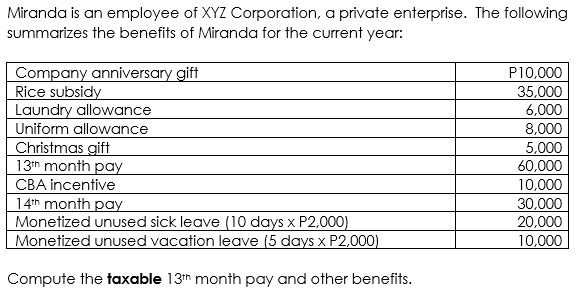 Miranda is an employee of XYZ Corporation, a private enterprise. The following
summarizes the benefits of Miranda for the current year:
Company anniversary gift
Rice subsidy
Laundry allowance
Uniform allowance
Christmas gift
13h month pay
CBA incentive
14th month pay
Monetized unused sick leave (10 days x P2,000)
Monetized unused vacation leave (5 days x P2,000)
P10,000
35,000
6,000
8,000
5,000
60,000
10,000
30,000
20,000
10,000
Compute the taxable 13h month pay and other benefits.
