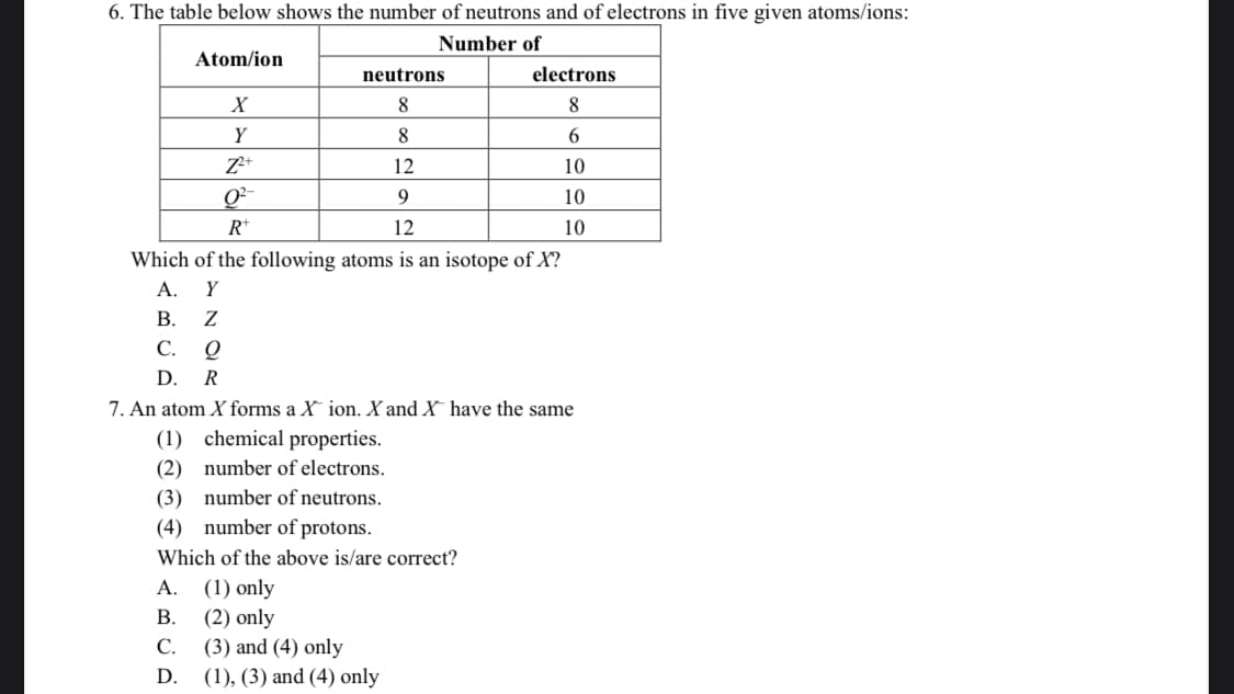 6. The table below shows the number of neutrons and of electrons in five given atoms/ions:
Number of
Atom/ion
neutrons
electrons
8
8
Y
8
6
12
10
9
10
R*
12
10
Which of the following atoms is an isotope of X?
А.
Y
В. Z
С. О
D.
7. An atom X forms a X ion. X and X have the same
(1) chemical properties.
(2) number of electrons.
(3) number of neutrons.
(4) number of protons.
Which of the above is/are correct?
(1) only
(2) only
(3) and (4) only
А.
В.
С.
D.
(1), (3) and (4) only
