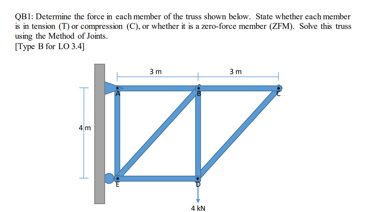 QB1: Determine the force in each member of the truss shown below. State whether each member
is in tension (T) or compression (C), or whether it is a zero-force member (ZFM). Solve this truss
using the Method of Joints.
[Type B for LO 3.4]
3 m
3 m
4m
4 kN
