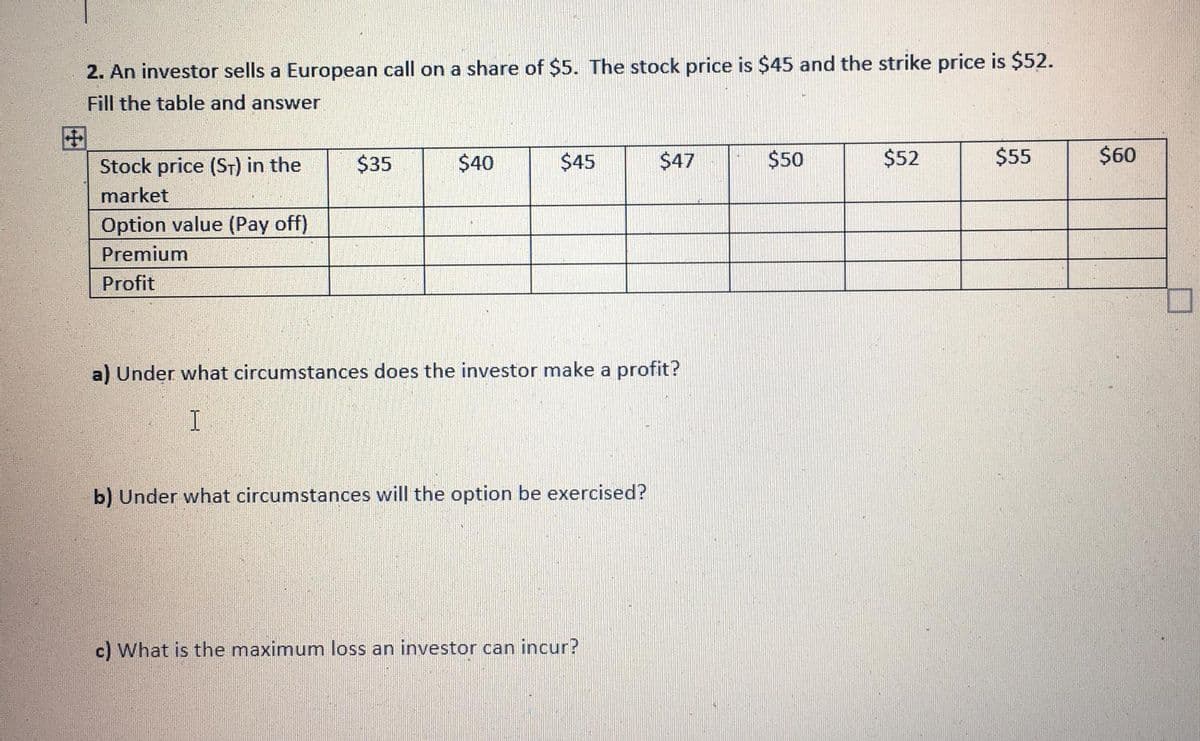 2. An investor sells a European call on a share of $5. The stock price is $45 and the strike price is $52.
Fill the table and answer
田
Stock price (ST) in the
$35
$40
$45
$47
$50
$52
$55
$60
market
Option value (Pay off)
Premium
Profit
a) Under what circumstances does the investor make a profit?
b) Under what circumstances will the option be exercised?
c) What is the maximum loss an investor can incur?
