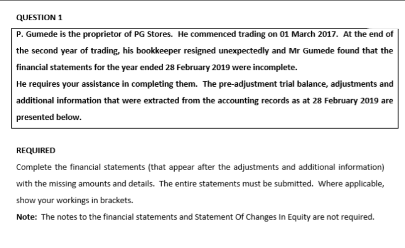 QUESTION 1
P. Gumede is the proprietor of PG Stores. He commenced trading on 01 March 2017. At the end of
the second year of trading, his bookkeeper resigned unexpectedly and Mr Gumede found that the
financial statements for the year ended 28 February 2019 were incomplete.
He requires your assistance in completing them. The pre-adjustment trial balance, adjustments and
additional information that were extracted from the accounting records as at 28 February 2019 are
presented below.
REQUIRED
Complete the financial statements (that appear after the adjustments and additional information)
with the missing amounts and details. The entire statements must be submitted. Where applicable,
show your workings in brackets.
Note: The notes to the financial statements and Statement Of Changes In Equity are not required.
