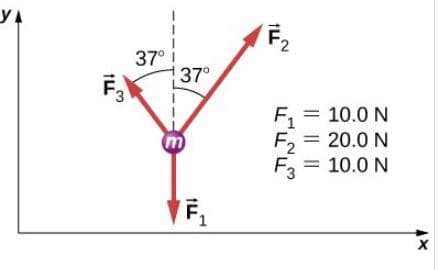 F2
37°i
37°
F, = 10.0 N
F2
20.0 N
F3 = 10.0 N
