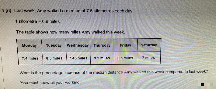 1 (d) Last week, Amy walked a median of 7.5 kilometres each day.
1 kilometre = 0.6 miles
The table shows how many miles Amy walked this week.
Monday Tuesday Wednesday Thursday
7.4 miles
Friday
6.5 miles 7.45 miles 9.2 miles 8.5 miles
Saturday
7 miles
What is the percentage increase of the median distance Amy walked this week compared to last week?
You must show all your working.