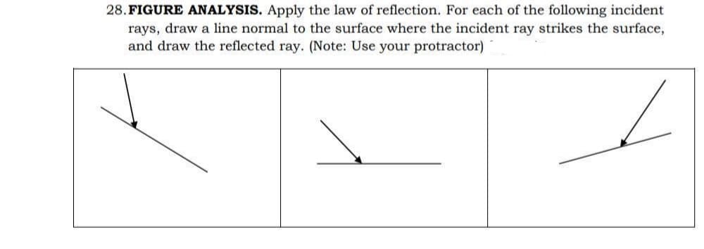 28. FIGURE ANALYSIS. Apply the law of reflection. For each of the following incident
rays, draw a line normal to the surface where the incident ray strikes the surface,
and draw the reflected ray. (Note: Use your protractor)
