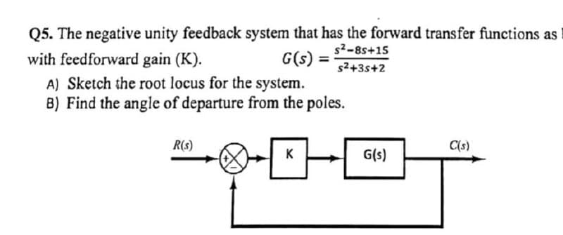 Q5. The negative unity feedback system that has the forward transfer functions as
s²-8s+15
with feedforward gain (K).
G(s):
s²+3s+2
A) Sketch the root locus for the system.
B) Find the angle of departure from the poles.
R(S)
C(s)
K
G(s)
