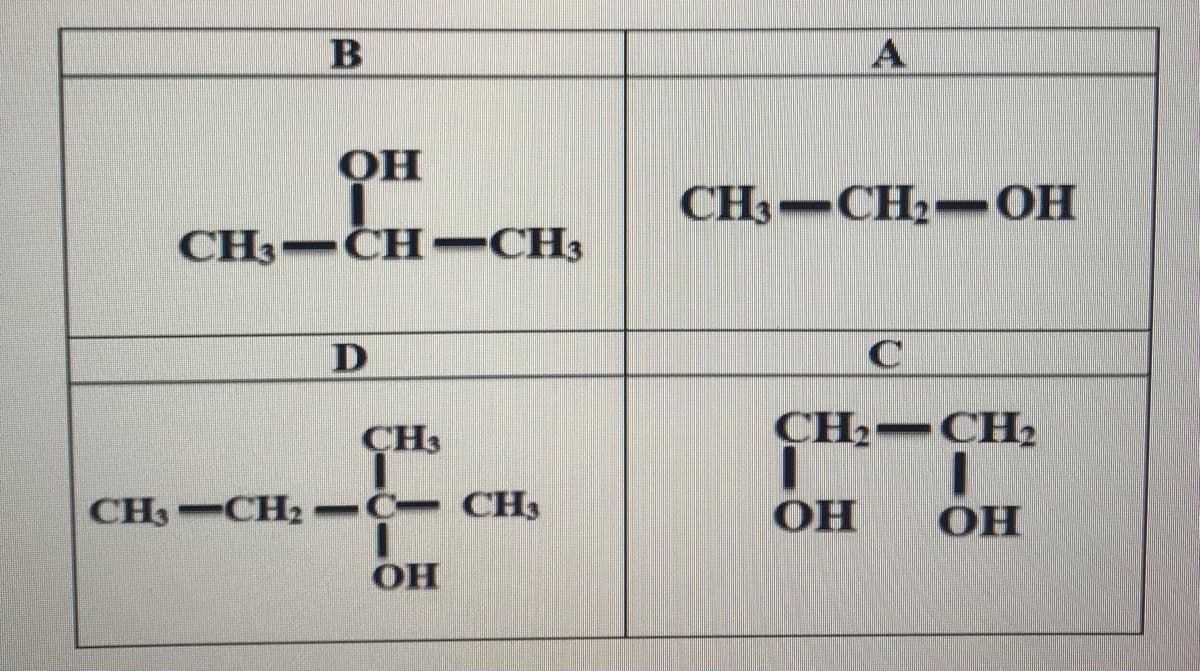 B
CH3-CH2-OH
CH3-CH -CH3
一
CH3
CH2 CH2
CH3 CH2-C-CH3
