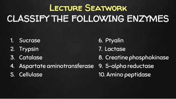 LECTURE SEATWORK
CLASSIFY THE FOLLOWING ENZYMES
6. Ptyalin
7. Lactase
8. Creatine phosphokinase
1. Sucrase
2. Trypsin
3. Catalase
4. Aspartate anminotransferase 9. 5-alpha reductase
5. Cellulase
10. Amino peptidase
