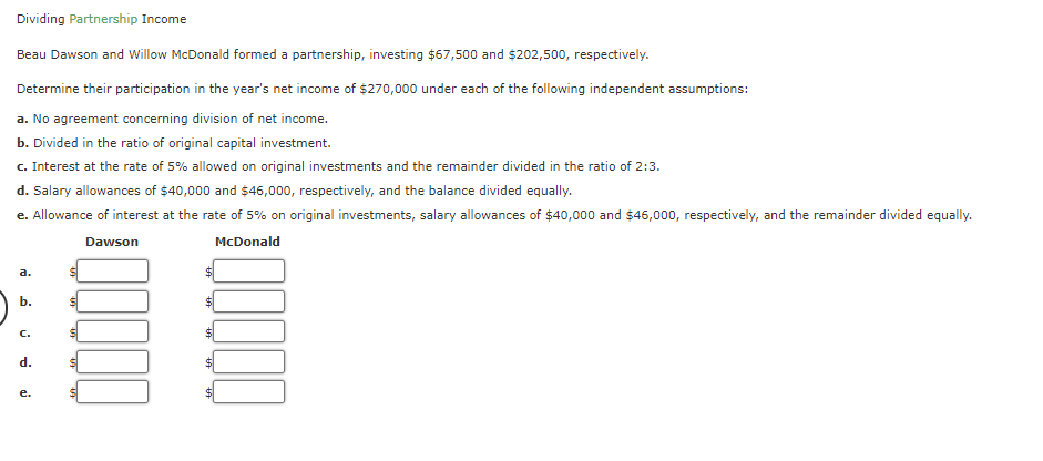 Dividing Partnership Income
Beau Dawson and Willow McDonald formed a partnership, investing $67,500 and $202,500, respectively.
Determine their participation in the year's net income of $270,000 under each of the following independent assumptions:
a. No agreement concerning division of net income.
b. Divided in the ratio of original capital investment.
c. Interest at the rate of 5% allowed on original investments and the remainder divided in the ratio of 2:3.
d. Salary allowances of $40,000 and $46,000, respectively, and the balance divided equally.
e. Allowance of interest at the rate of 5% on original investments, salary allowances of $40,000 and $46,000, respectively, and the remainder divided equally.
Dawson
McDonald
a.
b.
C.
"P
e.
