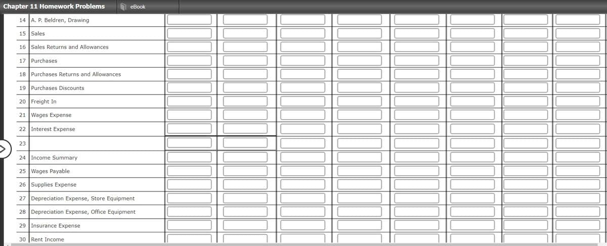 Chapter 11 Homework Problems
еВook
14 A. P. Beldren, Drawing
15 Sales
16 Sales Returns and Allowances
17 Purchases
18 Purchases Returns and Allowances
19 Purchases Discounts
20 Freight In
21 Wages Expense
22 Interest Expense
23
24 Income Summary
25 Wages Payable
26 Supplies Expense
27 Depreciation Expense, Store Equipment
28 Depreciation Expense, Office Equipment
29 Insurance Expense
30 Rent Income
