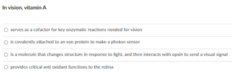In vision, vitamin A
serves as a cofactor for key enzymatic reactions needed for vision
O is covalently attached to an eye protein to make a photon sensor
is a molecule that changes structure in response to light, and then interacts with opsin to send a visual signal
O provides critical anti oxidant functions to the retina