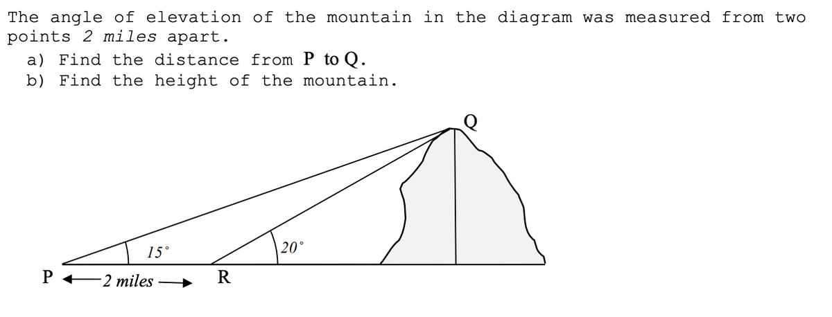 The angle of elevation of the mountain in the diagram was measured from two
points 2 miles apart.
a) Find the distance from P to Q.
b) Find the height of the mountain.
15°
20°
2 miles
R
