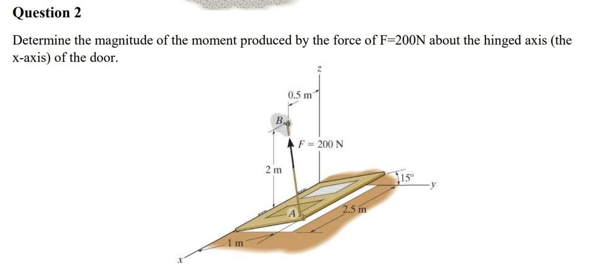 Question 2
Determine the magnitude of the moment produced by the force of F=200N about the hinged axis (the
x-axis) of the door.
1 m
B
2 m
0.5 m²
A
F = 200 N
2.5 m
15°
∙y