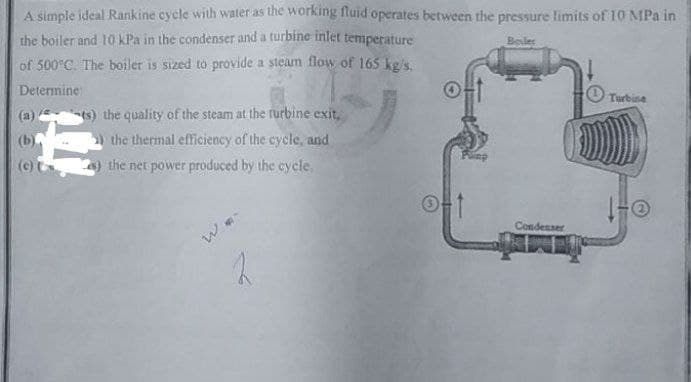 A simple ideal Rankine cycle with water as the working fluid operates between the pressure limits of 10 MPa in
Boiler
the boiler and 10 kPa in the condenser and a turbine inlet temperature
of 500°C. The boiler is sized to provide a steam flow of 165 kg/s.
Determine:
(a)(s) the quality of the steam at the turbine exit,
(b)
the thermal efficiency of the cycle, and
(c) 2) the net power produced by the cycle
Wa
Condesser
Turbine