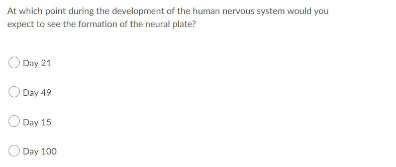 At which point during the development of the human nervous system would you
expect to see the formation of the neural plate?
Day 21
Day 49
Day 15
Day 100
