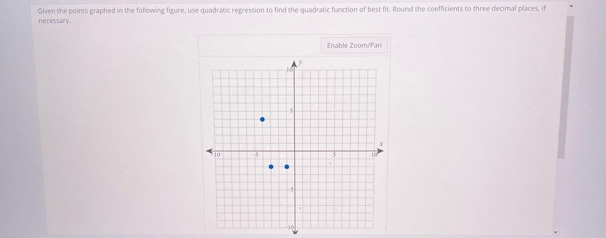 Given the points graphed in the following figure, use quadratic regression to find the quadratic function of best fit. Round the coefficients to three decimal places, if
necessary.
10
●
101
●
-10
Enable Zoom/Pan
10
X